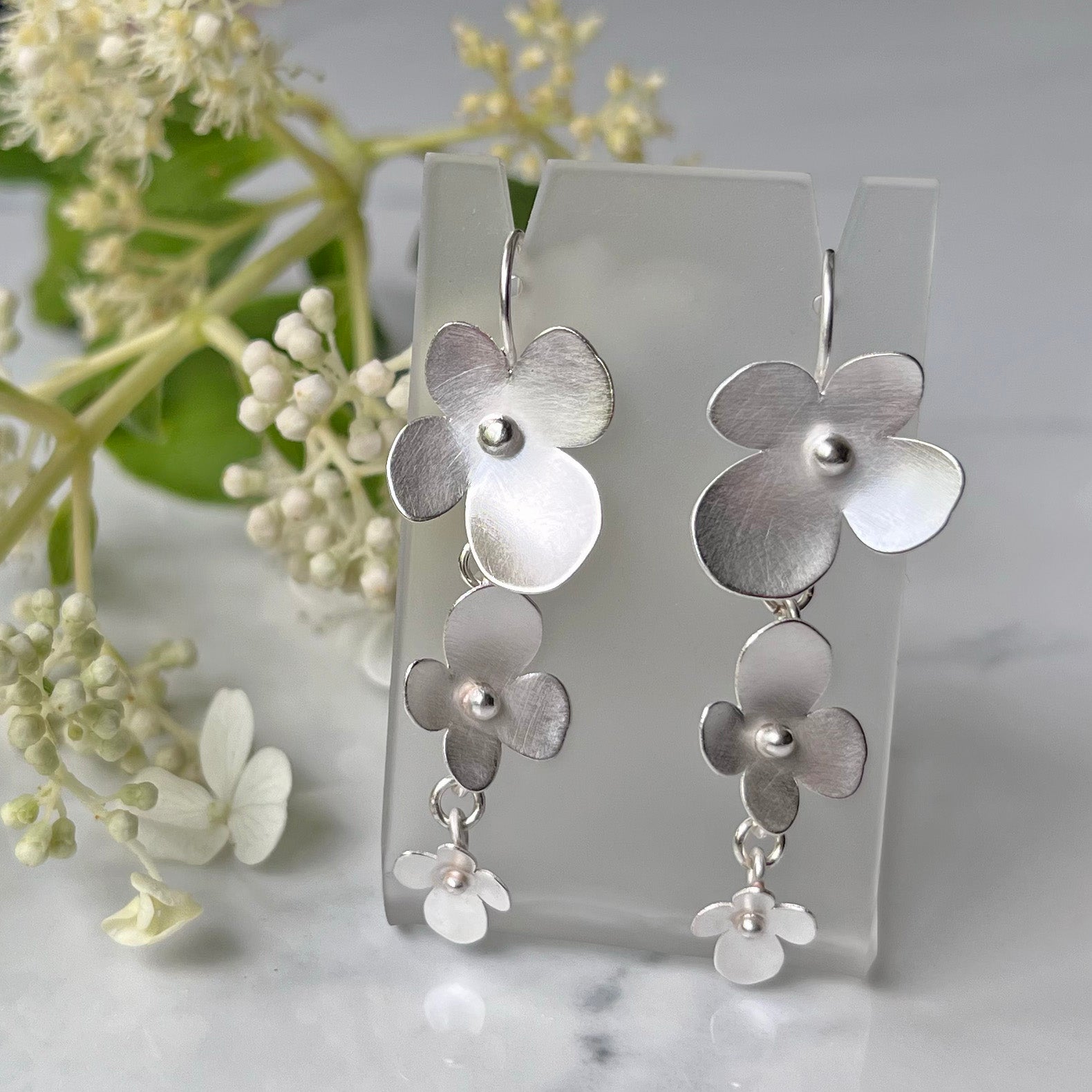 Hydrangea 3 tier Earrings, Cascading Satin Finished Silver Hydrangea Flowers on Wire, Super- Lightweight for Comfortable Wear with Statement.