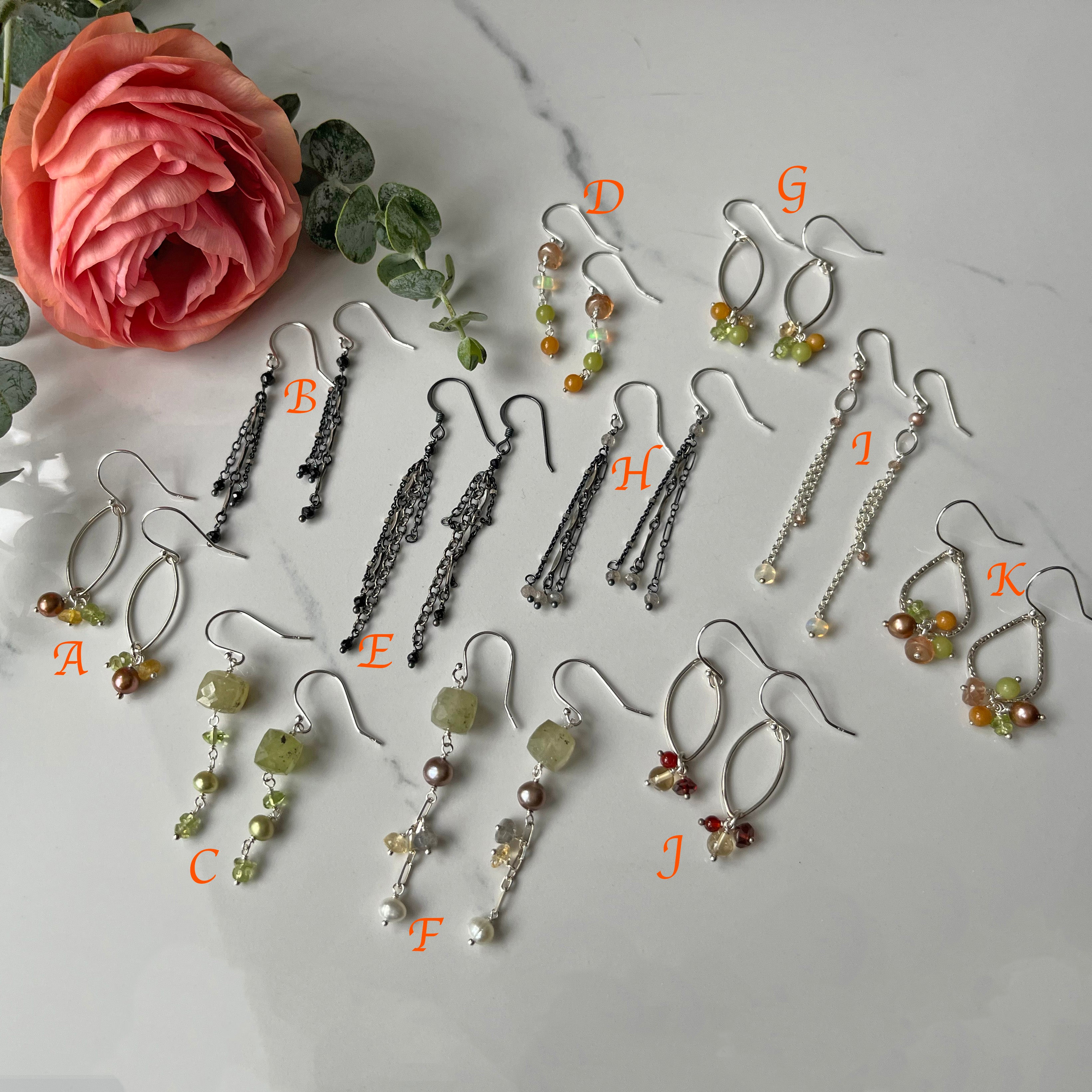 Sale Earrings $45, sterling silver, oxidized, gold filled, other gemstones for everyday wear.