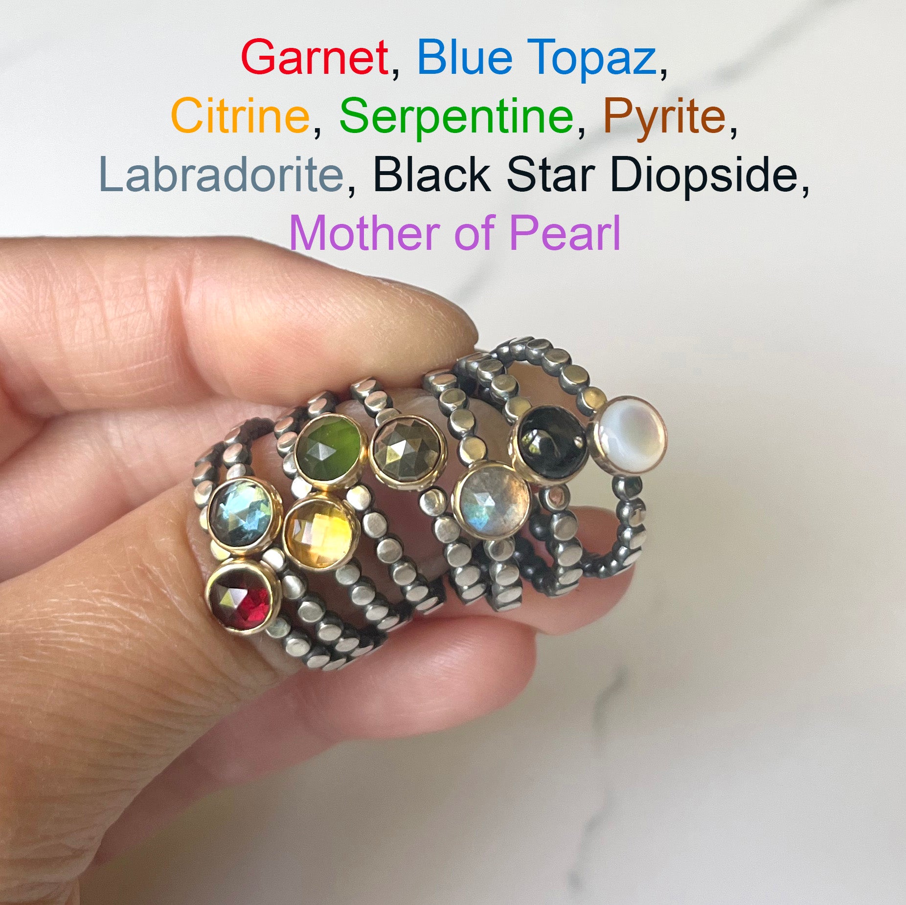 Gem ring - Rose Cut 6mm Gemstones in 14k Yellow Gold Bezel on Oxidized and Highlighted Sterling Silver Beaded Band.