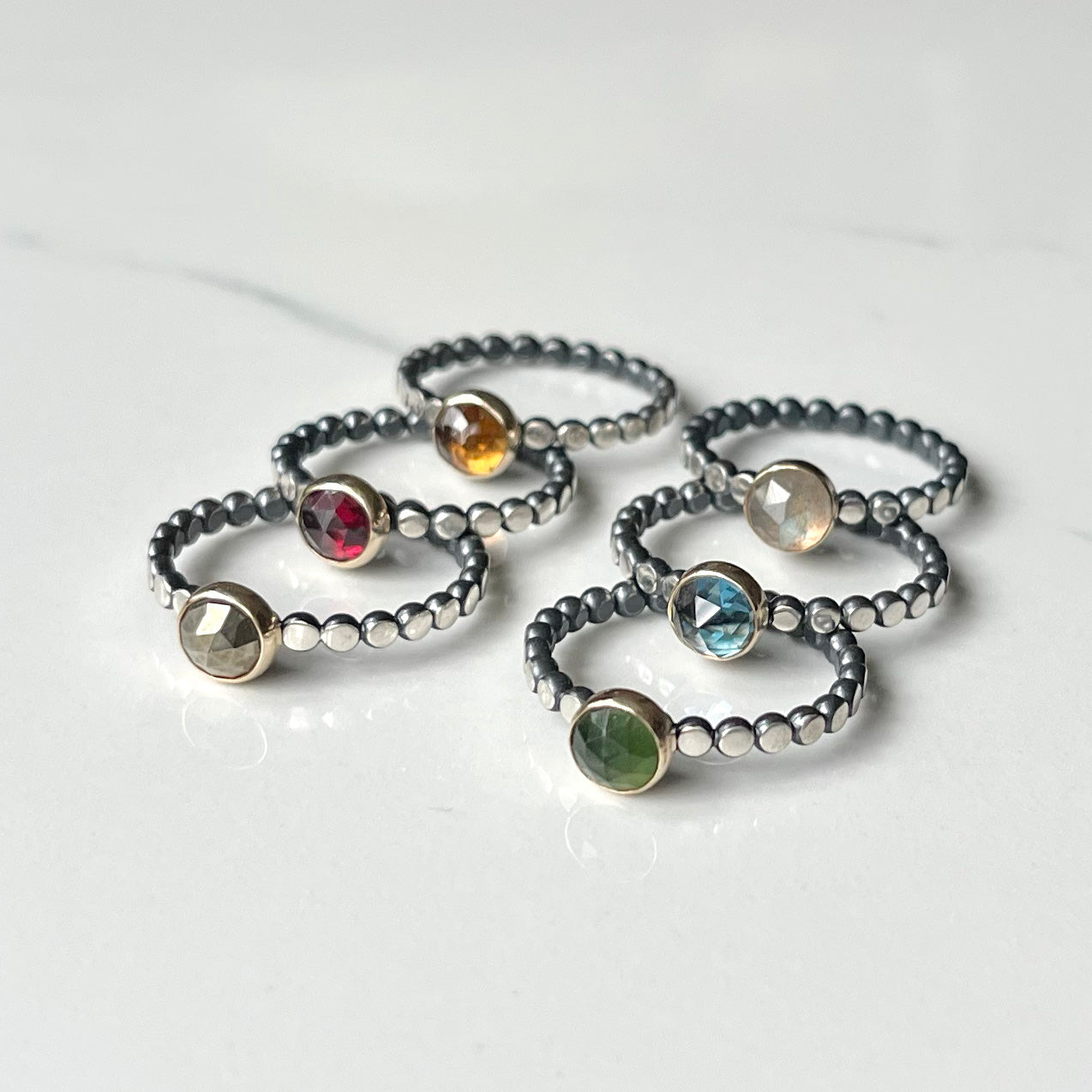 Gem ring - Rose Cut 6mm Gemstones in 14k Yellow Gold Bezel on Oxidized and Highlighted Sterling Silver Beaded Band.
