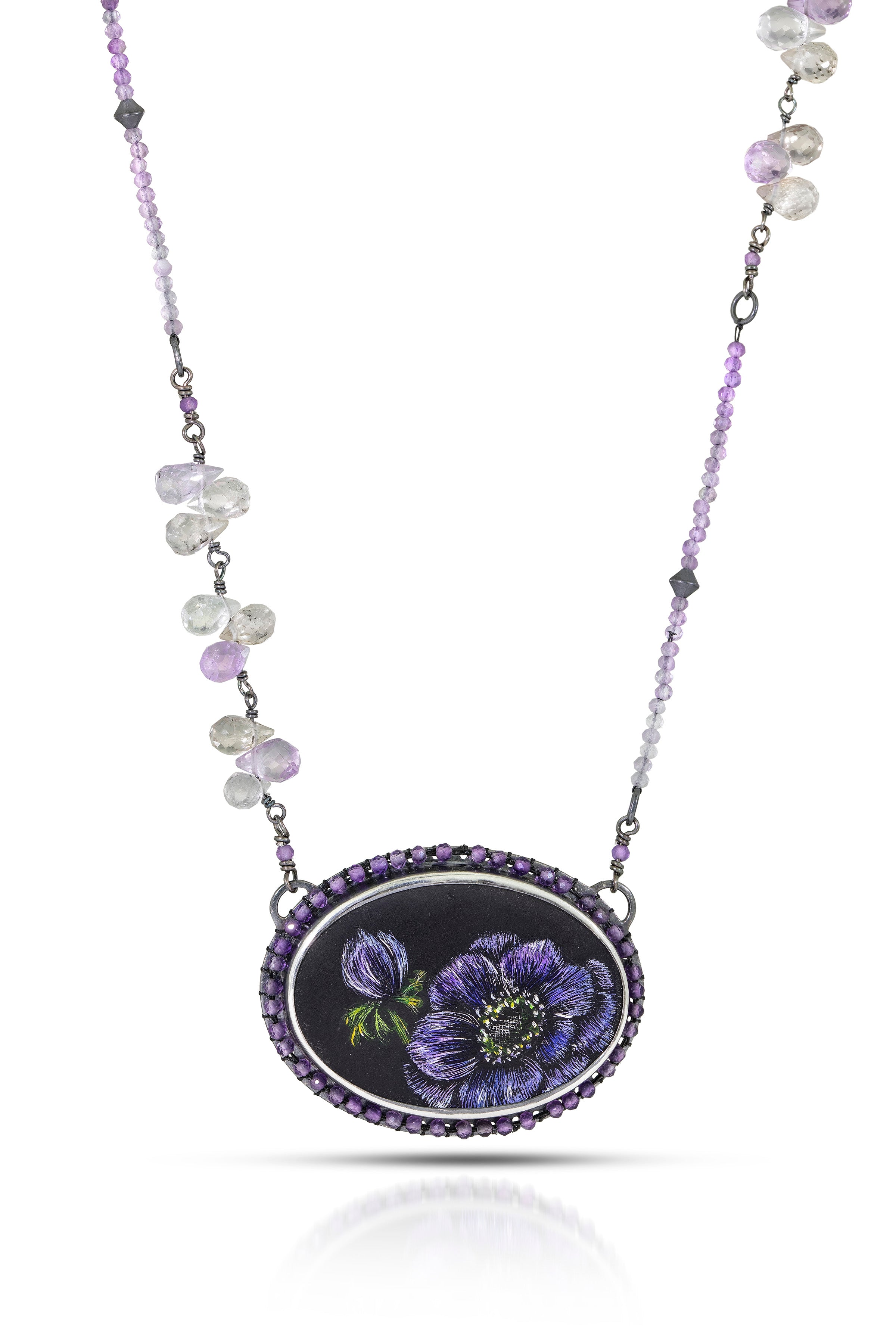 Purple Anemone Necklace, One of a Kind Scratch Art Panel Set into Sterling Silver Frame with Hand Stitched Amethyst Embelishment
