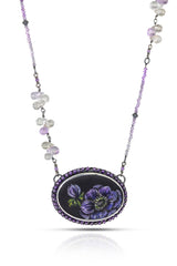Purple Anemone Necklace, One of a Kind Scratch Art Panel Set into Sterling Silver Frame with Hand Stitched Amethyst Embelishment