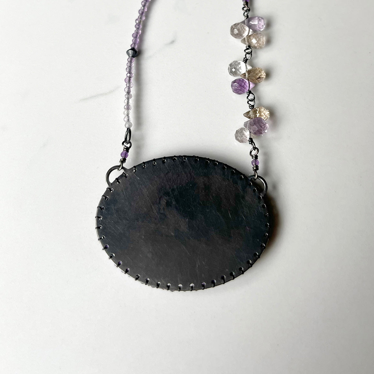 Purple Anemone Necklace, One of a Kind Scratch Art Panel Set into Sterling Silver Frame with Hand Stitched Amethyst Embelishment