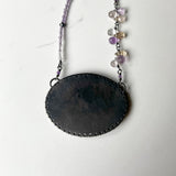 Purple Anemone Necklace, One of a Kind Scratch Art Panel Set into Sterling Silver Frame with Hand Stitched Amethyst Embelishment