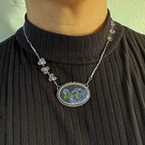 Purple Anemone Necklace, One of a Kind Scratch Art Panel Set into Sterling Silver Frame with Hand Stitched Amethyst Embelishment