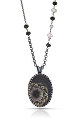 Gold Anemone Necklace, One of a Kind Scratch Art Panel Set into Sterling Silver Frame with Hand Stitched Amethyst and Black Spinel on Chain