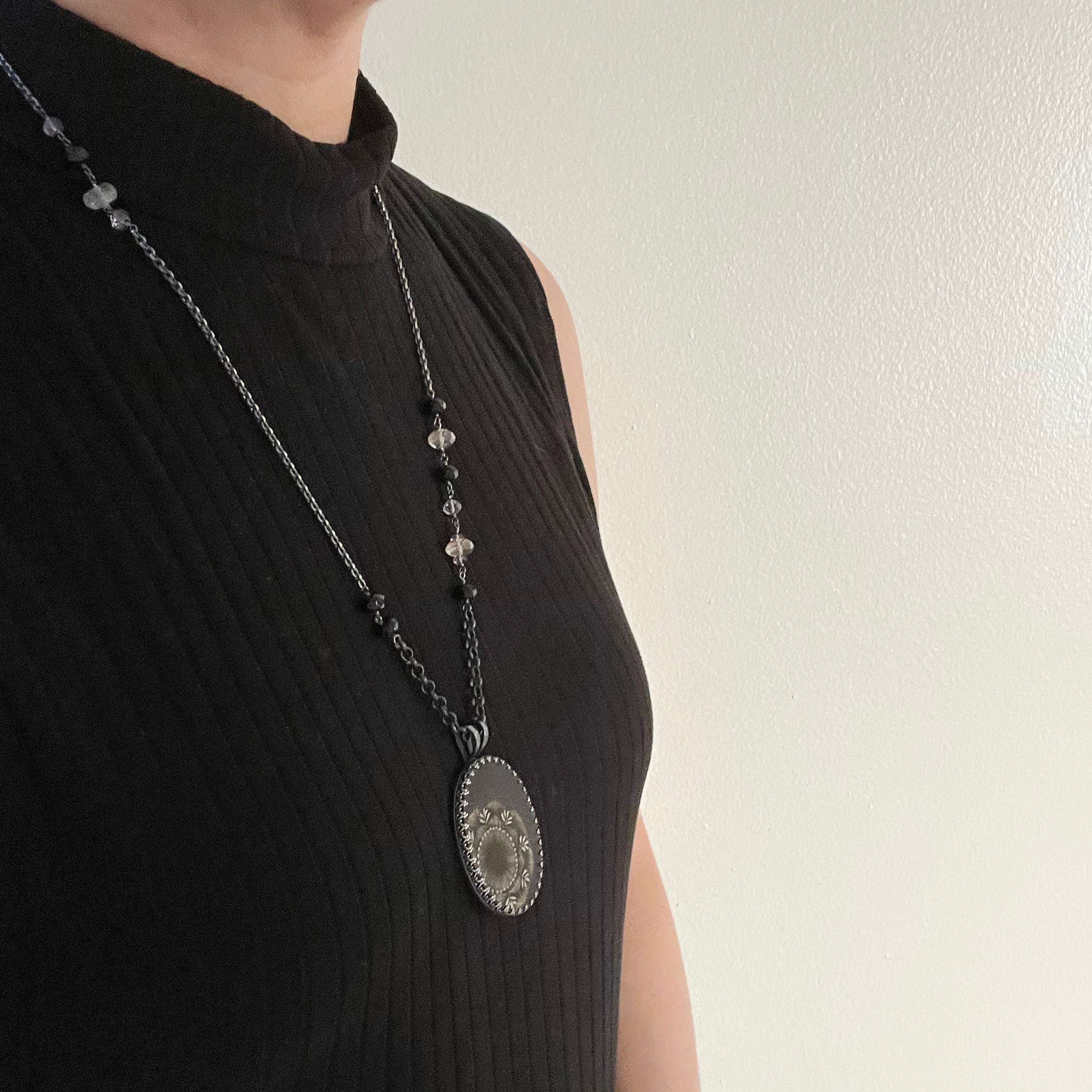 Gold Anemone Necklace, One of a Kind Scratch Art Panel Set into Sterling Silver Frame with Hand Stitched Amethyst and Black Spinel on Chain
