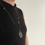 Gold Anemone Necklace, One of a Kind Scratch Art Panel Set into Sterling Silver Frame with Hand Stitched Amethyst and Black Spinel on Chain