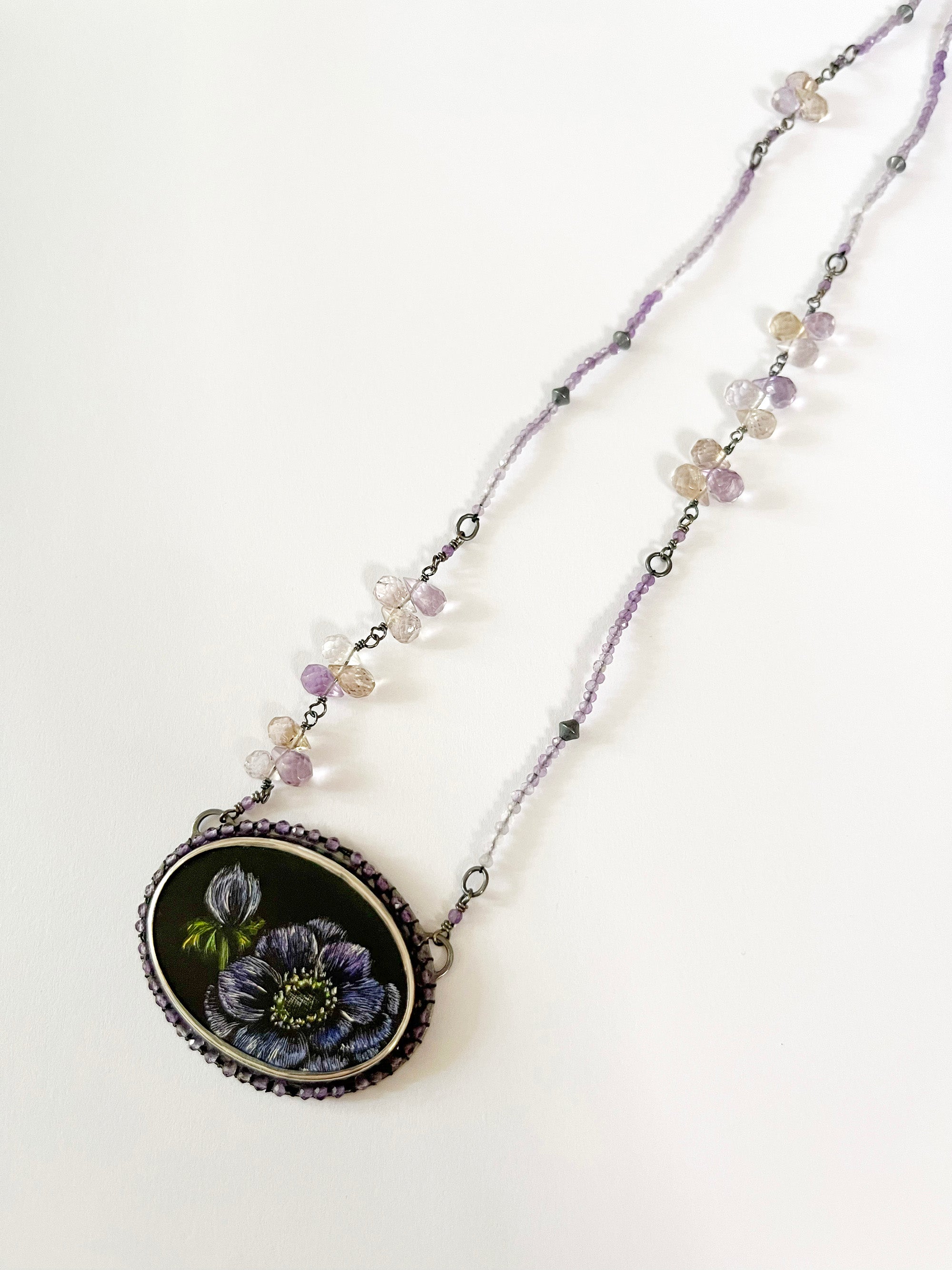 Purple Anemone Necklace, One of a Kind Scratch Art Panel Set into Sterling Silver Frame with Hand Stitched Amethyst Embelishment