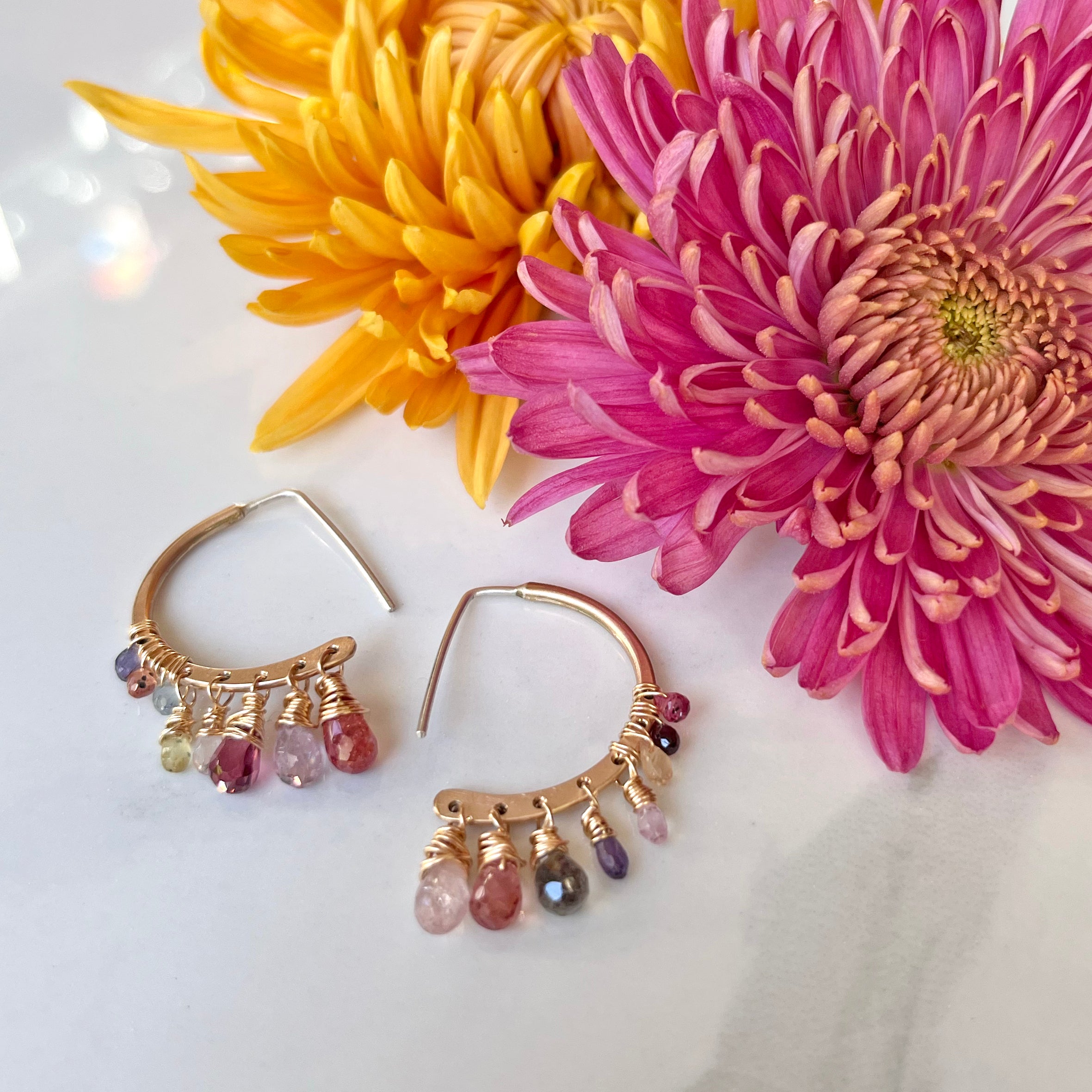 Dazzle Earrings, Gold-Filled, Briolette Gemstone Dangles on Gold-Filled D shaped earrings.