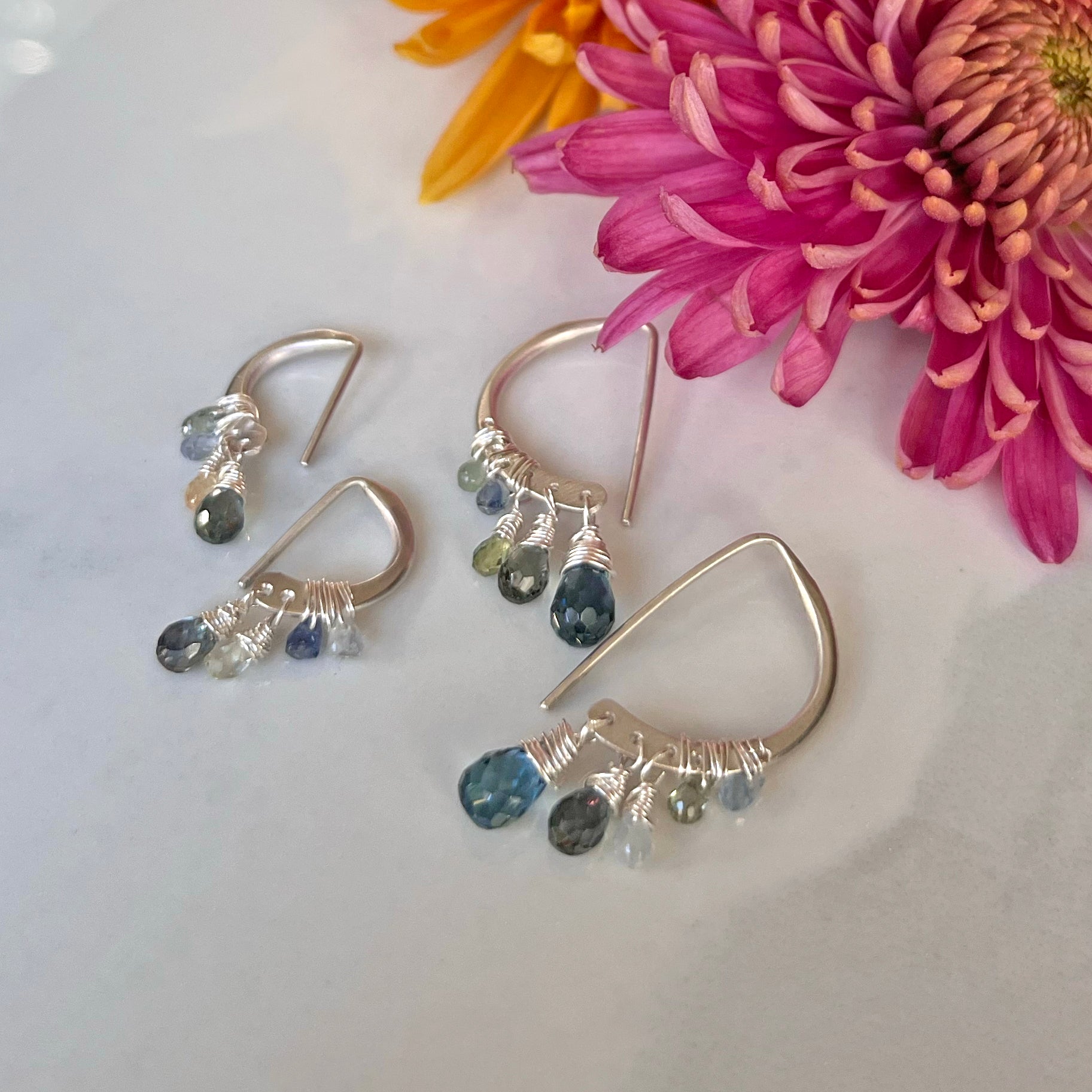 Dazzle Earrings, All Silver, Precious/Semi Precious Gemstone Briolette Dangles wire-wrapped on Sterling Silver D shaped Earrings.