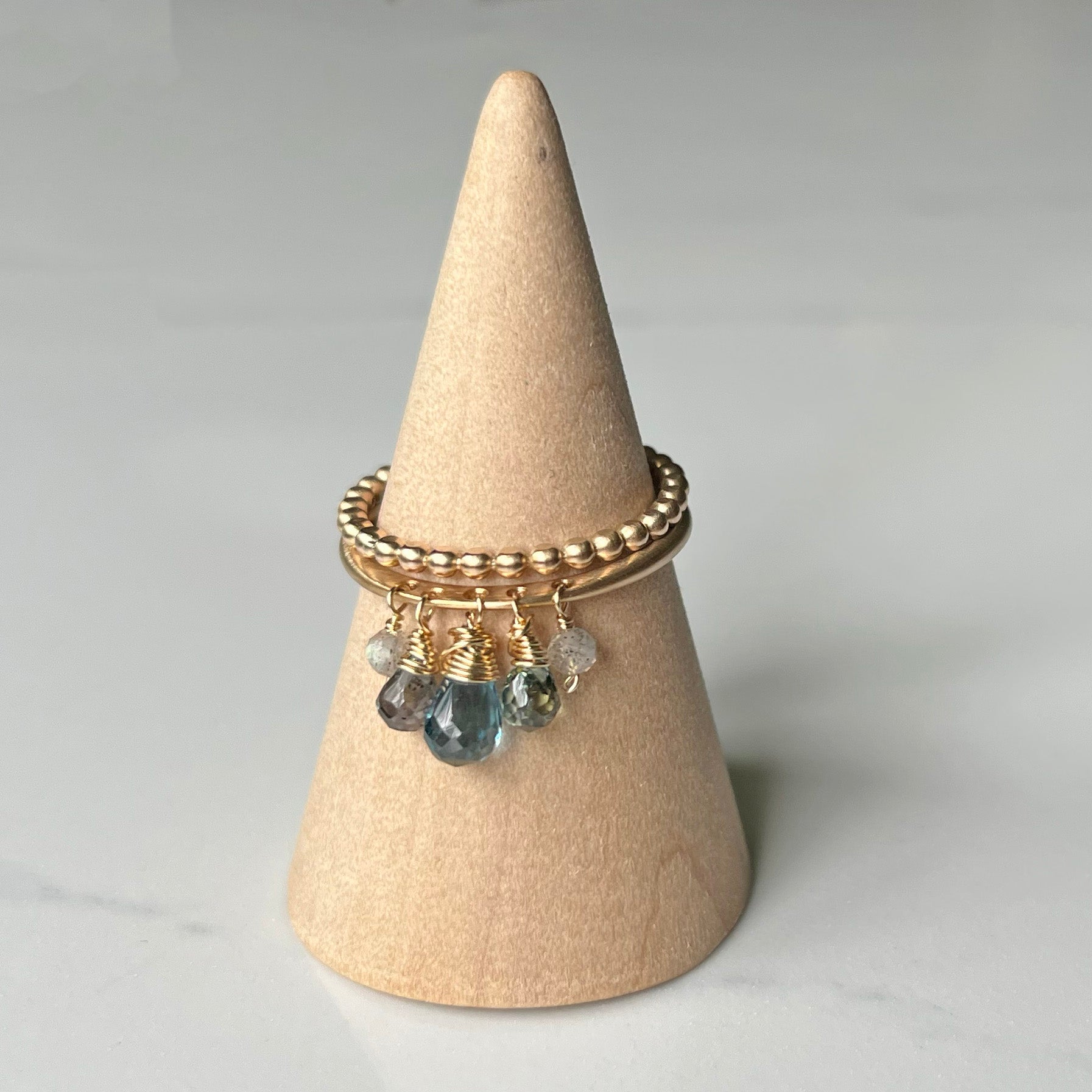 Dazzle Ring, Gold-Filled, Briolette Gemstone Dangles on Gold-Filled Rounded Band.