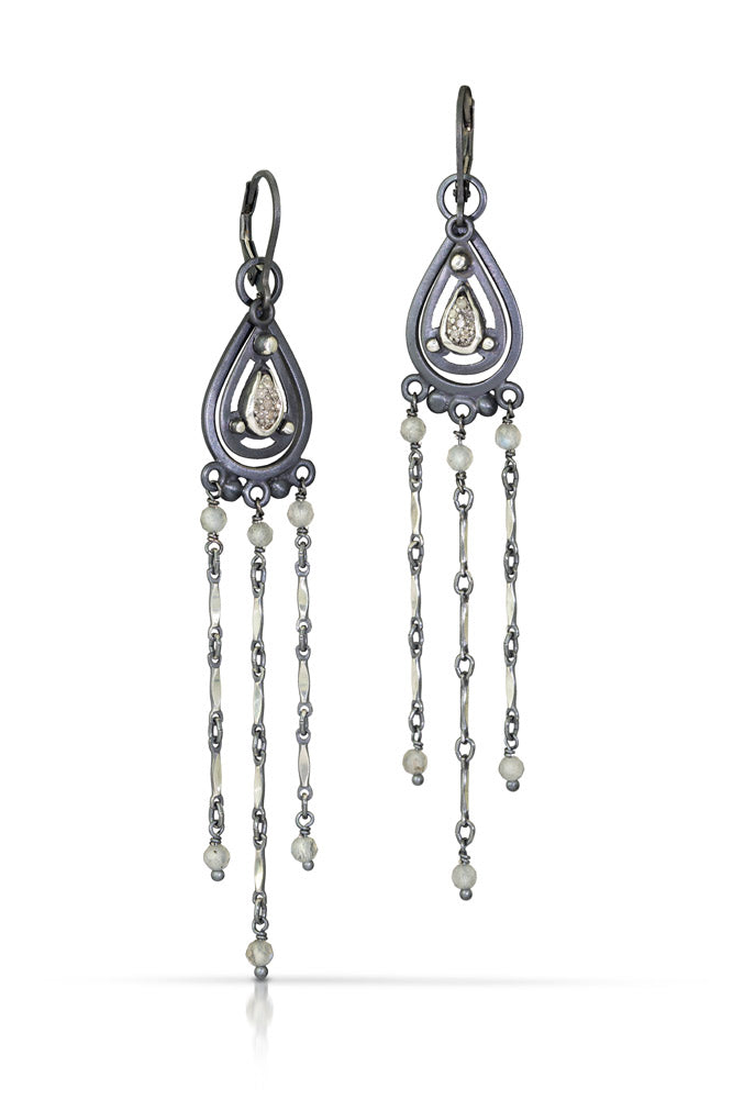 Pavé Diamond Earrings -"Day/Night" with removable backing - Pavé Diamond Charm is Set into Oxidized Sterling Silver or 14k Gold Bezel, with an Option to Add Extra Length on Back. Versatile Earrings!