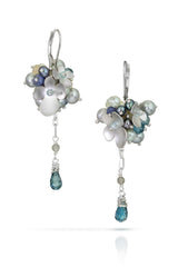 Orchard Earrings, Multicolor Gemstone Clusters with Silver Flower Decorations with Delicate Chain Dangle with a Drop on Leverback.