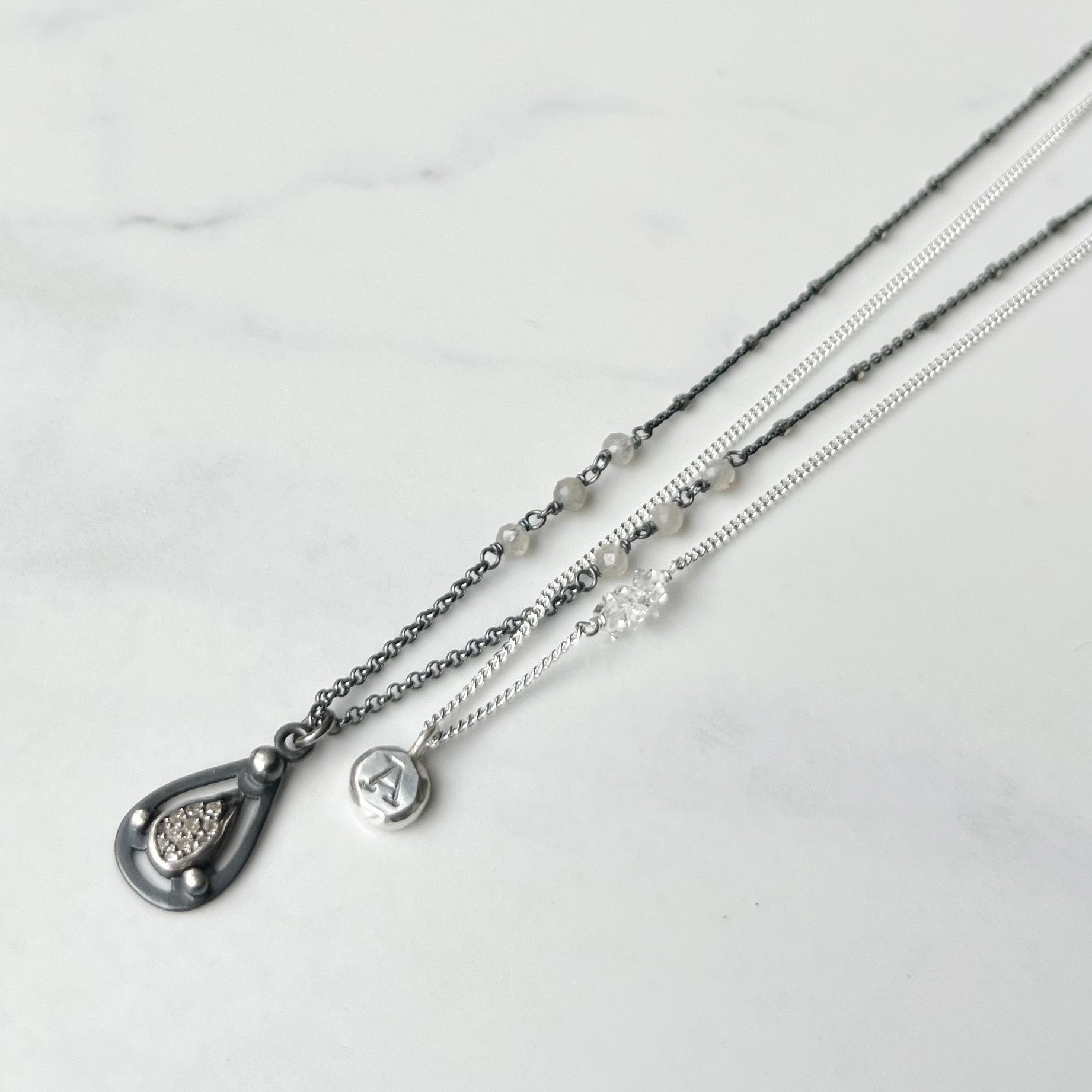 Echo Necklace, Personalized and Custom Made Initial Necklace with Herkimer Diamond Accent on Sterling Silver Chain.