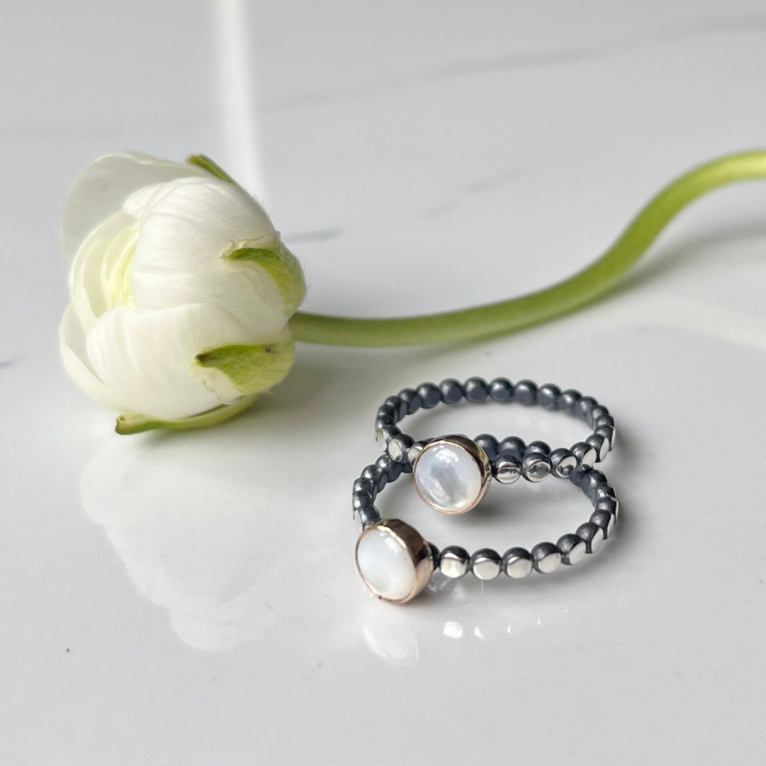 Gem ring - Rose Cut 6mm Gemstones in 14k Yellow Gold Bezel on Oxidized and Highlighted Sterling Silver Beaded Band.