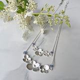 Hydrangea Necklace with Tanzanite, The Trio Of Hydrangea Petals in Satin Silver with Tanzanite Blue Purple Accent. Elegant and Super Lightweight.