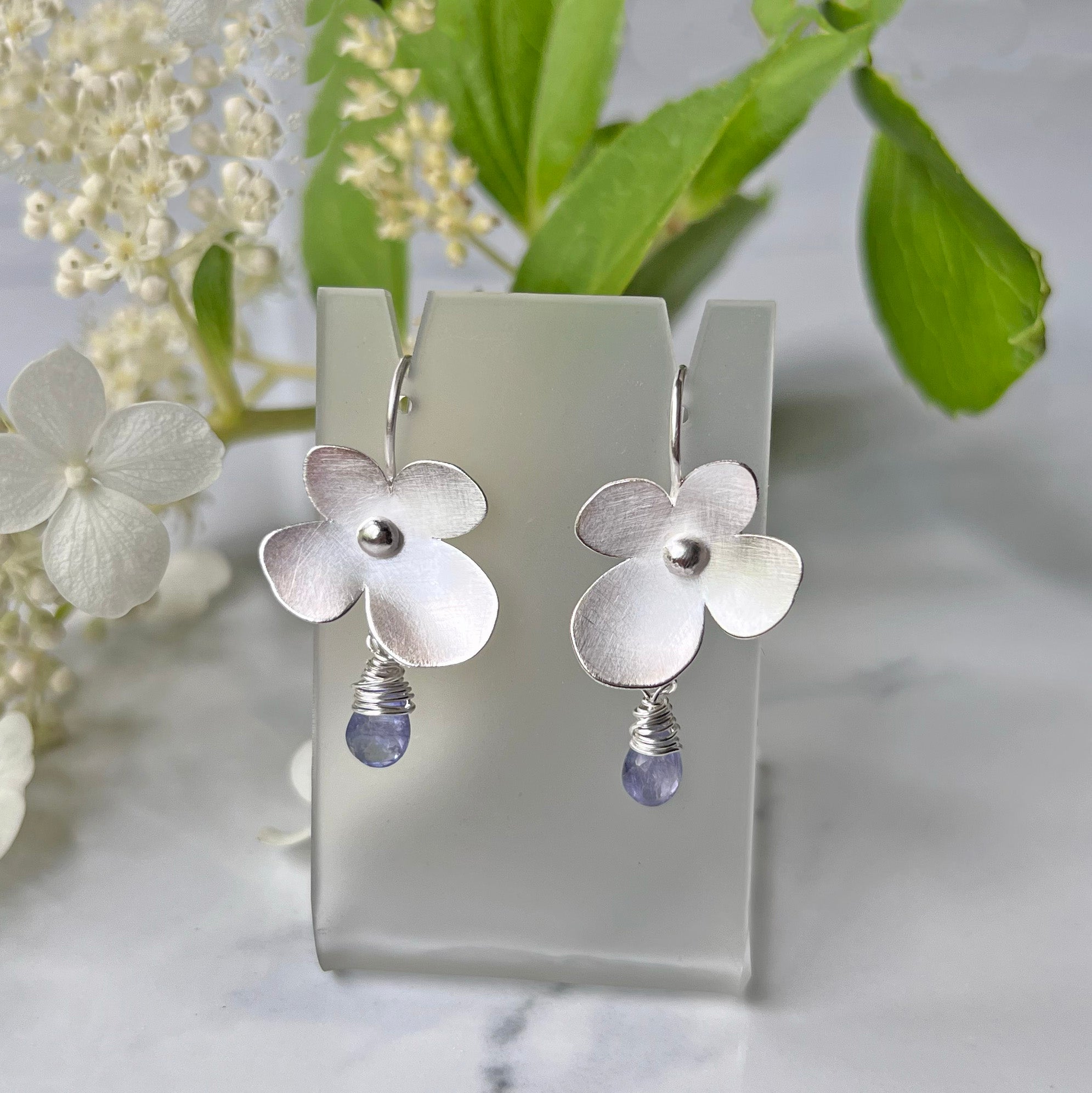 Hydrangea Wire Earrings with Tanzanite - Satin Finished Sterling Silver Four Petaled Flower Earrings for Everyday.