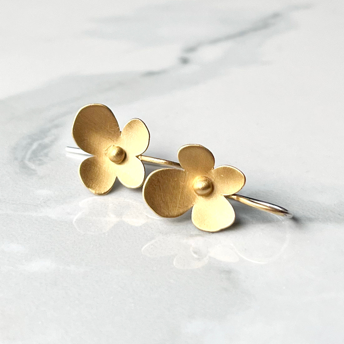 Sunlit Hydrangea Wire Earrings - Satin Finished 14k Gold Plated Sterling Silver Four Petaled Flower Earrings for Everyday.