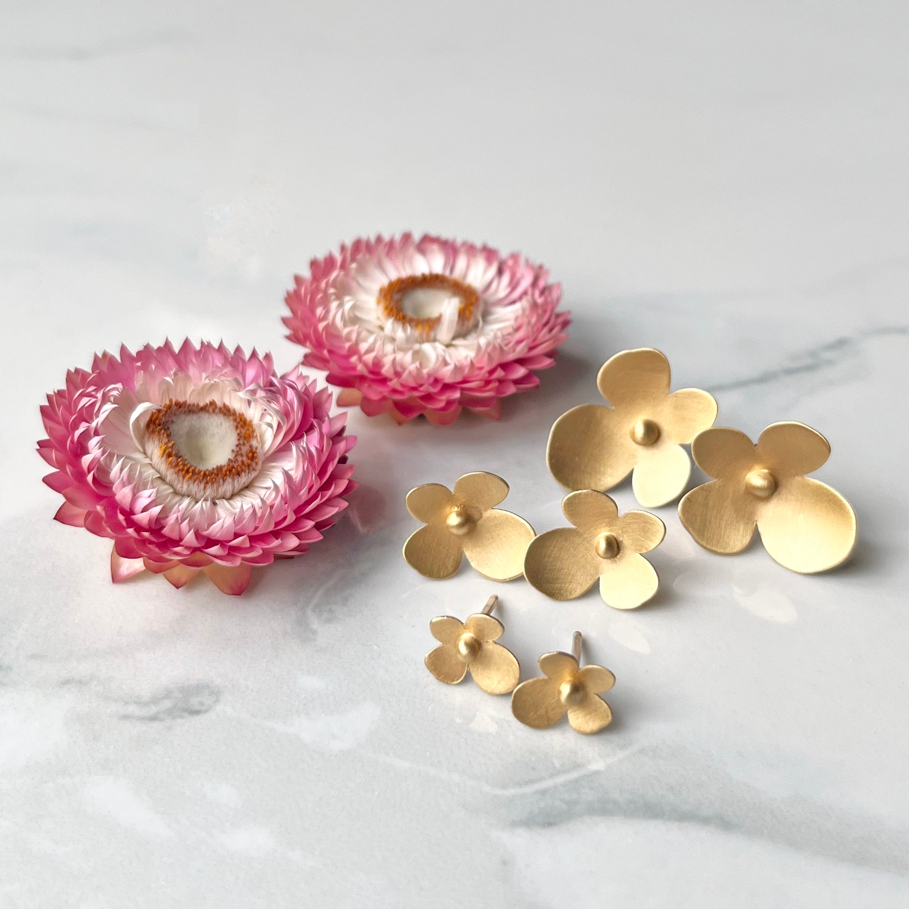 Sunlit Hydrangea Post Earrings- Satin Finished 14k Gold Plated Sterling Silver Four Petaled Flower Simple Post Earrings For Everyday.