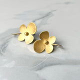 Sunlit Hydrangea Wire Earrings - Satin Finished 14k Gold Plated Sterling Silver Four Petaled Flower Earrings for Everyday.