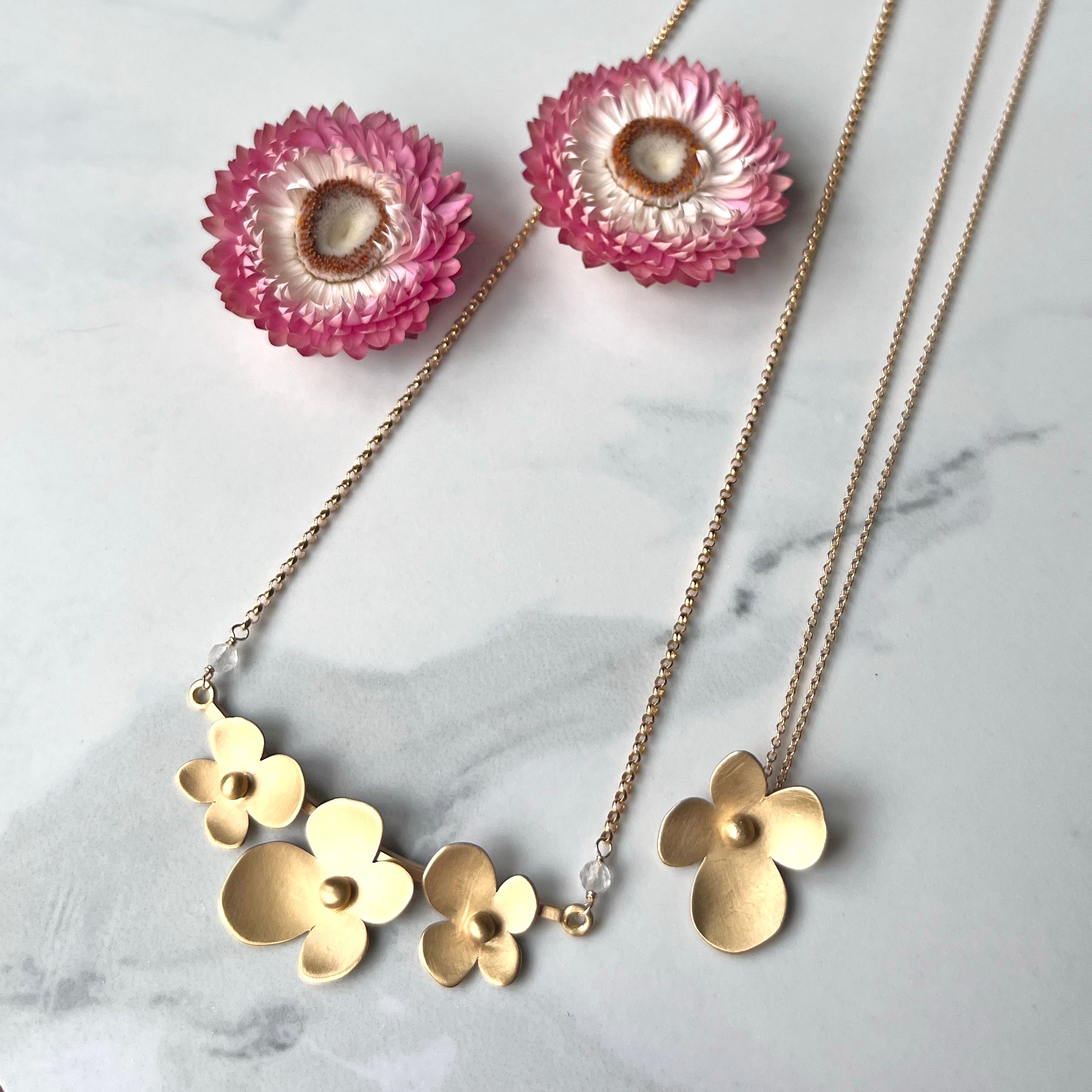 Sunlit Hydrangea Necklace with Moonstone, The Trio Of Hydrangea Petals in 14k gold vermeil with Moonstone Accent. Elegant and Lightweight.