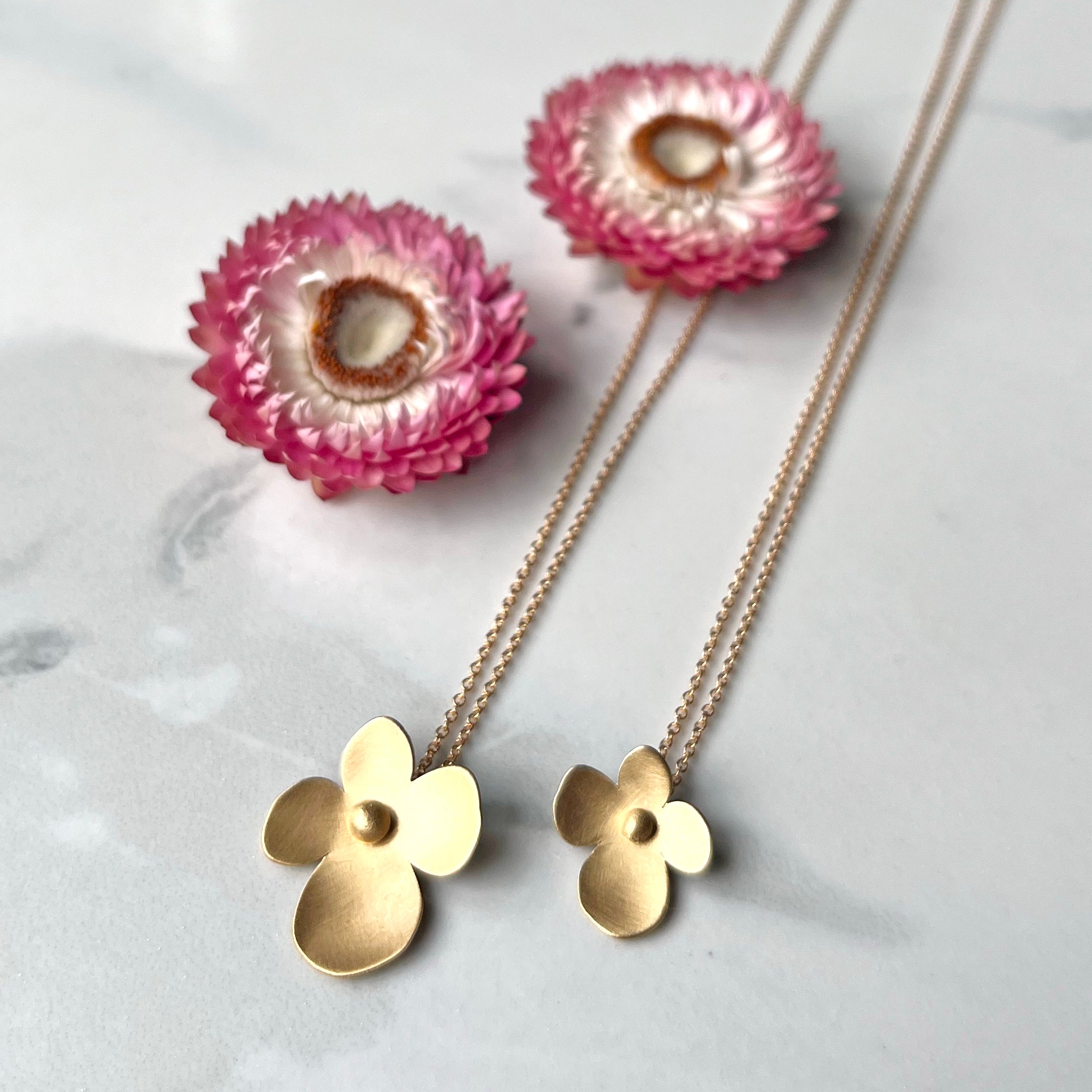 Sunlit Hydrangea Pendant, Simple Single Hydrangea Flower in Satin Finish 14k Vermeil on Skinny Gold-filled Chain. Lightweight and easy layering.