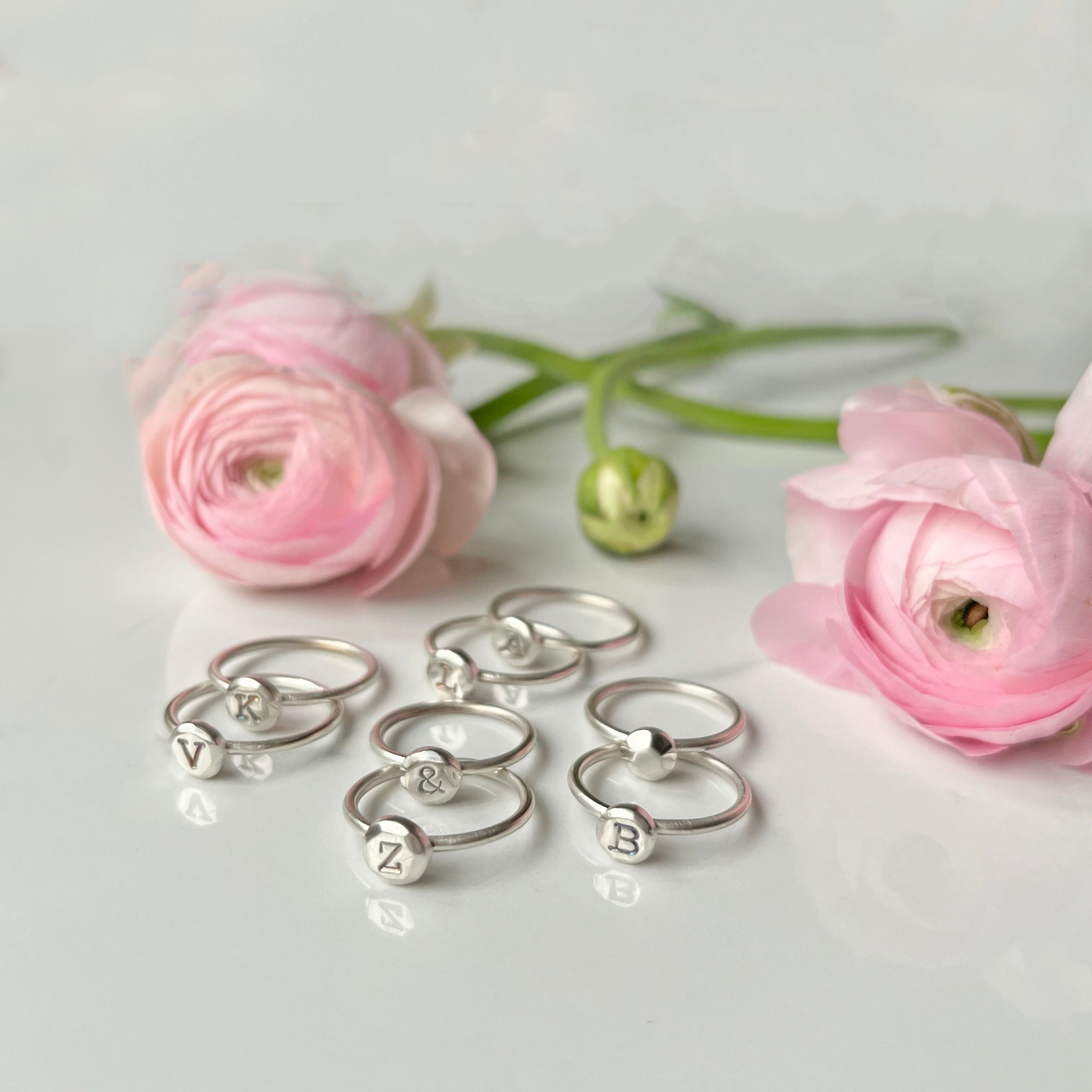 Initial Ring, All Silver, Satin Finished Sterling Silver with Shiny Disc with Alphabet Initial for Everyday