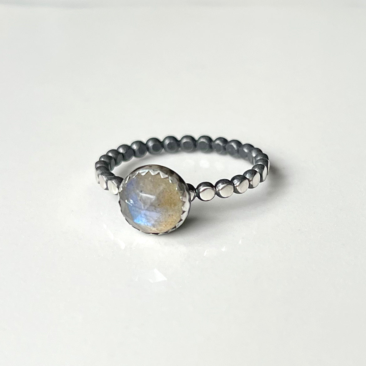 Labradorite Ring, 8mm Rose Cut Flash Labradorite Stone in Fancy Setting, on Oxidized Sterling Silver band with Notched Details.