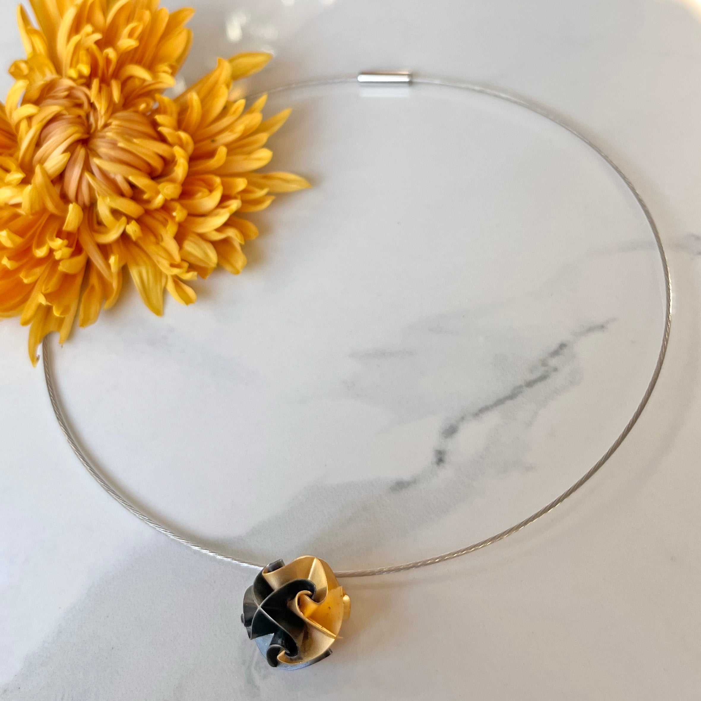 Simple Flora Pendant, Steel Cable, Three Colors, Silver, Gold, Rose with Oxidized Sterling Silver,  Origami Folding technique.