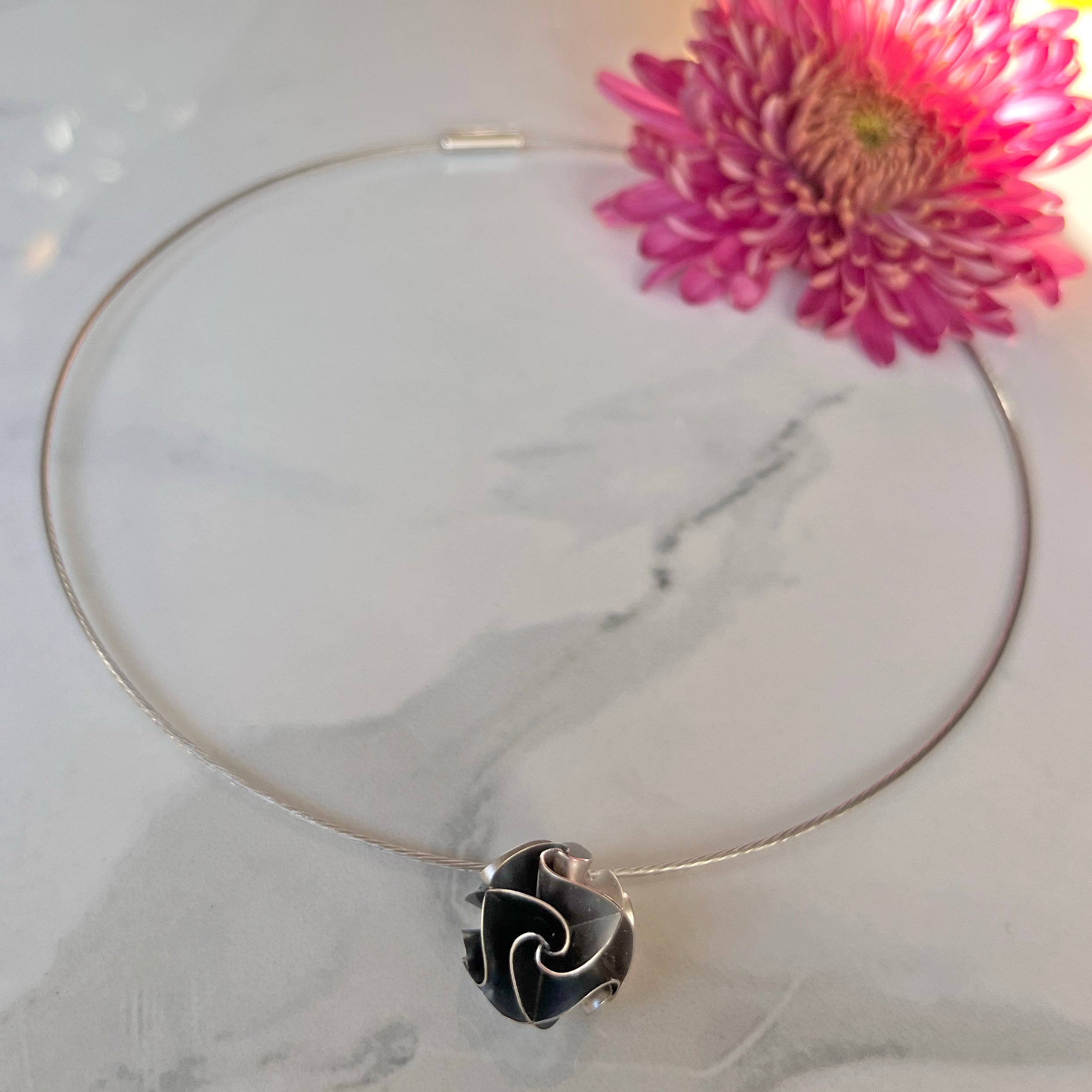 Simple Flora Pendant, Steel Cable, Three Colors, Silver, Gold, Rose with Oxidized Sterling Silver,  Origami Folding technique.