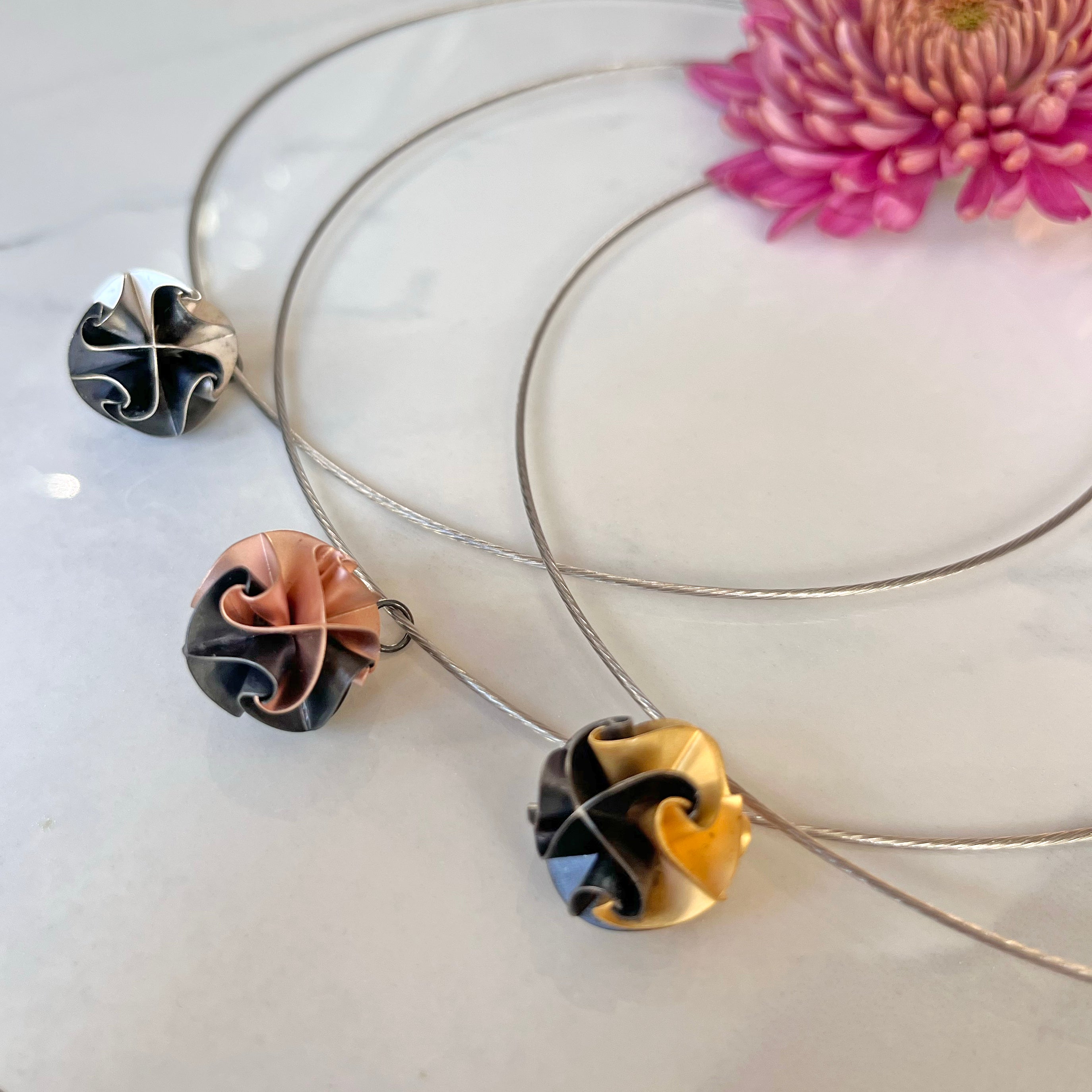 Simple Flora Pendant, Steel Cable, Three Colors, Silver, Gold, Rose with Oxidized Sterling Silver,  Origami Folding technique.