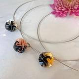 Simple Flora Pendant, Steel Cable, Three Colors, Silver, Gold, Rose with Oxidized Sterling Silver,  Origami Folding technique.