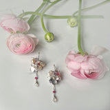 Orchard Earrings, Multicolor Gemstone Clusters with Silver Flower Decorations with Delicate Chain Dangle with a Drop on Leverback.