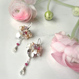 Orchard Earrings, Multicolor Gemstone Clusters with Silver Flower Decorations with Delicate Chain Dangle with a Drop on Leverback.