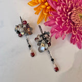 Orchard Earrings, Multicolor Gemstone Clusters with Silver Flower Decorations with Delicate Chain Dangle with a Drop on Leverback.