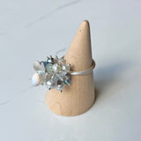 Orchard Ring, Silver Band, Multicolor Gemstone Clusters with Silver Flower Decorations for Party and Fun.