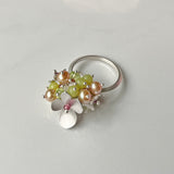 Orchard Ring, Silver Band, Multicolor Gemstone Clusters with Silver Flower Decorations for Party and Fun.