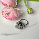 Orchard Ring, Silver Band, Multicolor Gemstone Clusters with Silver Flower Decorations for Party and Fun.