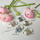 Orchard Ring, Silver Band, Multicolor Gemstone Clusters with Silver Flower Decorations for Party and Fun.