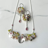Orchard Necklaces, Sterling Silver Chain and Clasp, Multicolor Gemstone Clusters with Silver Flower Decorations for Charming Outfit.