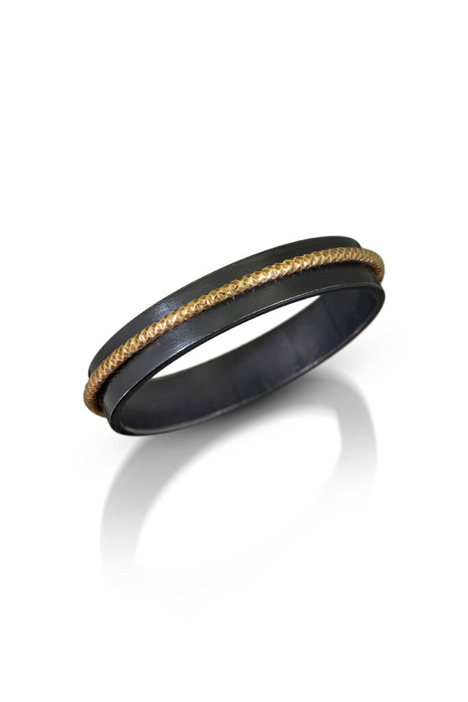 Stacking Ring, Obi, Balck/Gold, Solid 14k Yellow Gold Band over Oxidized Sterling Silver, for daily wear.