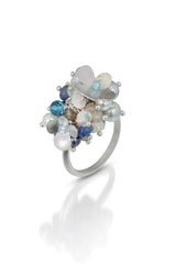 Orchard Ring, Silver Band, Multicolor Gemstone Clusters with Silver Flower Decorations for Party and Fun.
