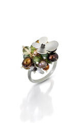 Orchard Ring, Silver Band, Multicolor Gemstone Clusters with Silver Flower Decorations for Party and Fun.