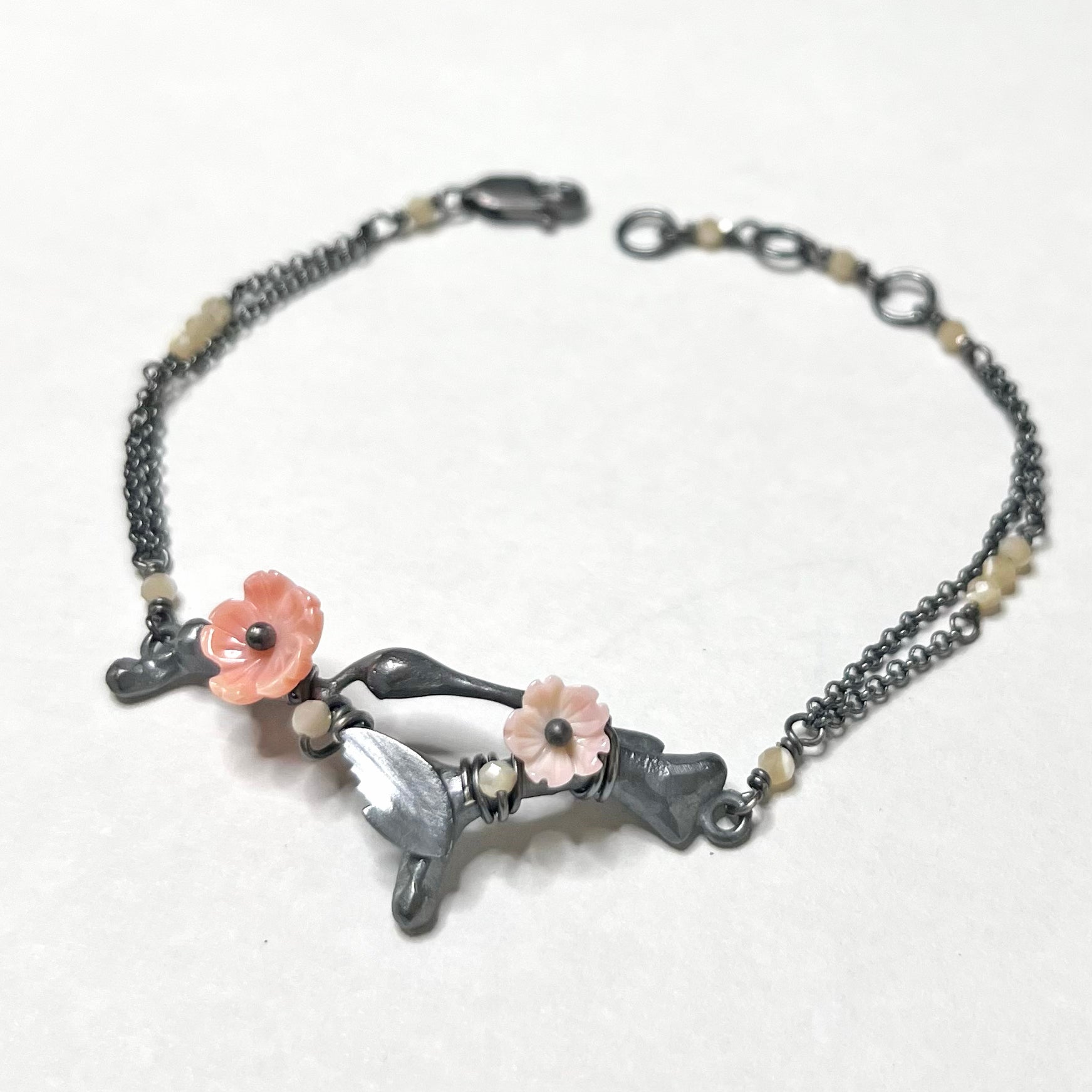 Sakura Bracelet, Oxidized Sterling Silver Necklaces with Mother of Pearl Embellishments for Spring.