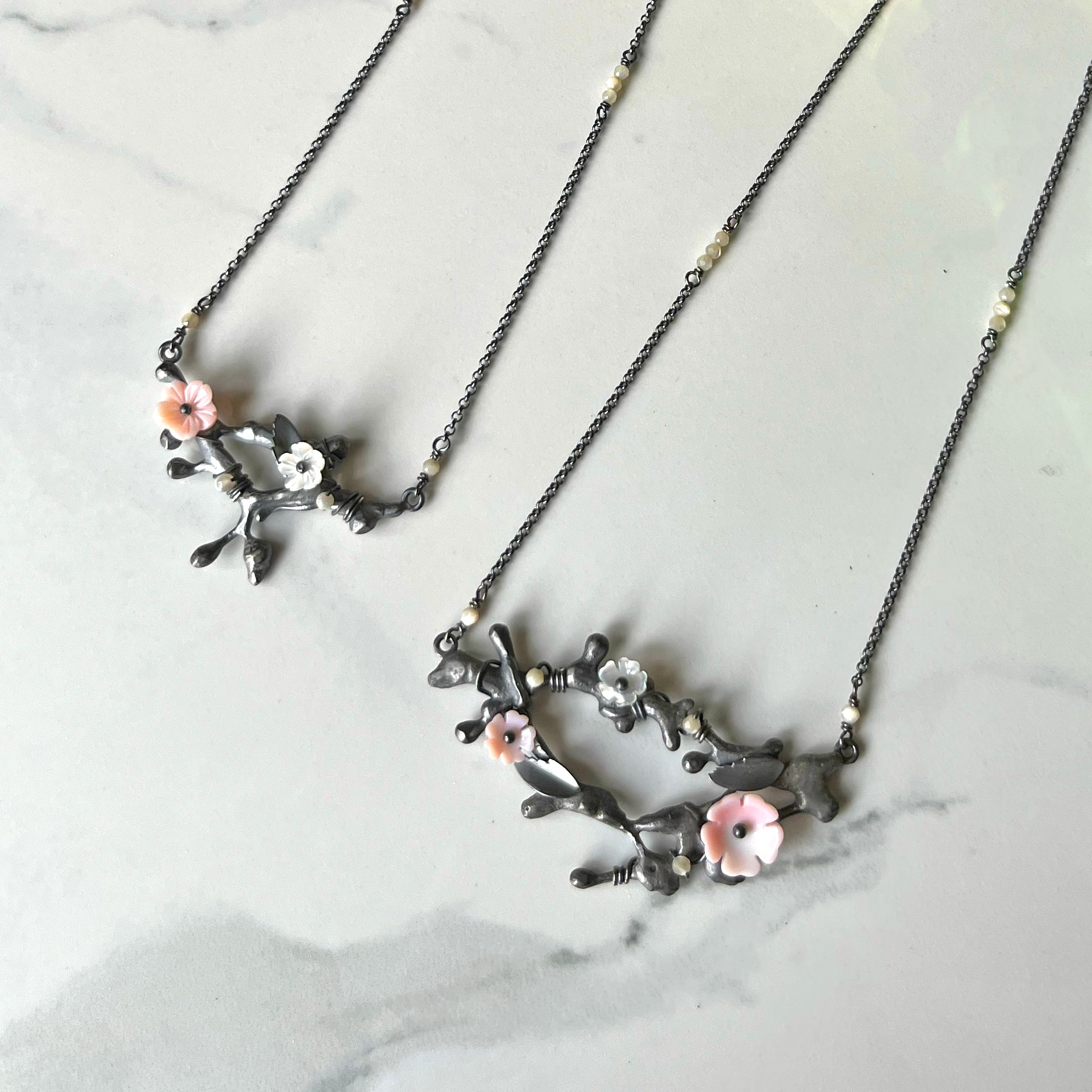 Sakura Necklace, Oxidized Sterling Silver Necklaces with Mother of Pearl Embelishments for Spring.