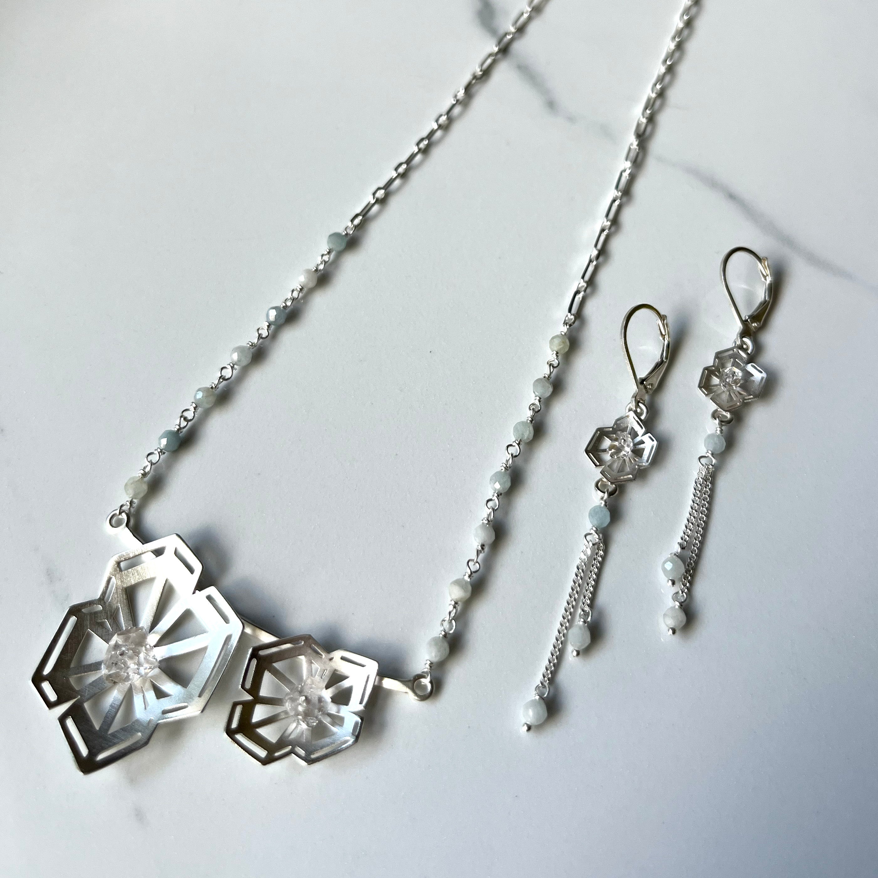 Winter Geometry Necklace, Satin Finished Sterling Silver Accented with Two Pointed Herkimer Diamond.