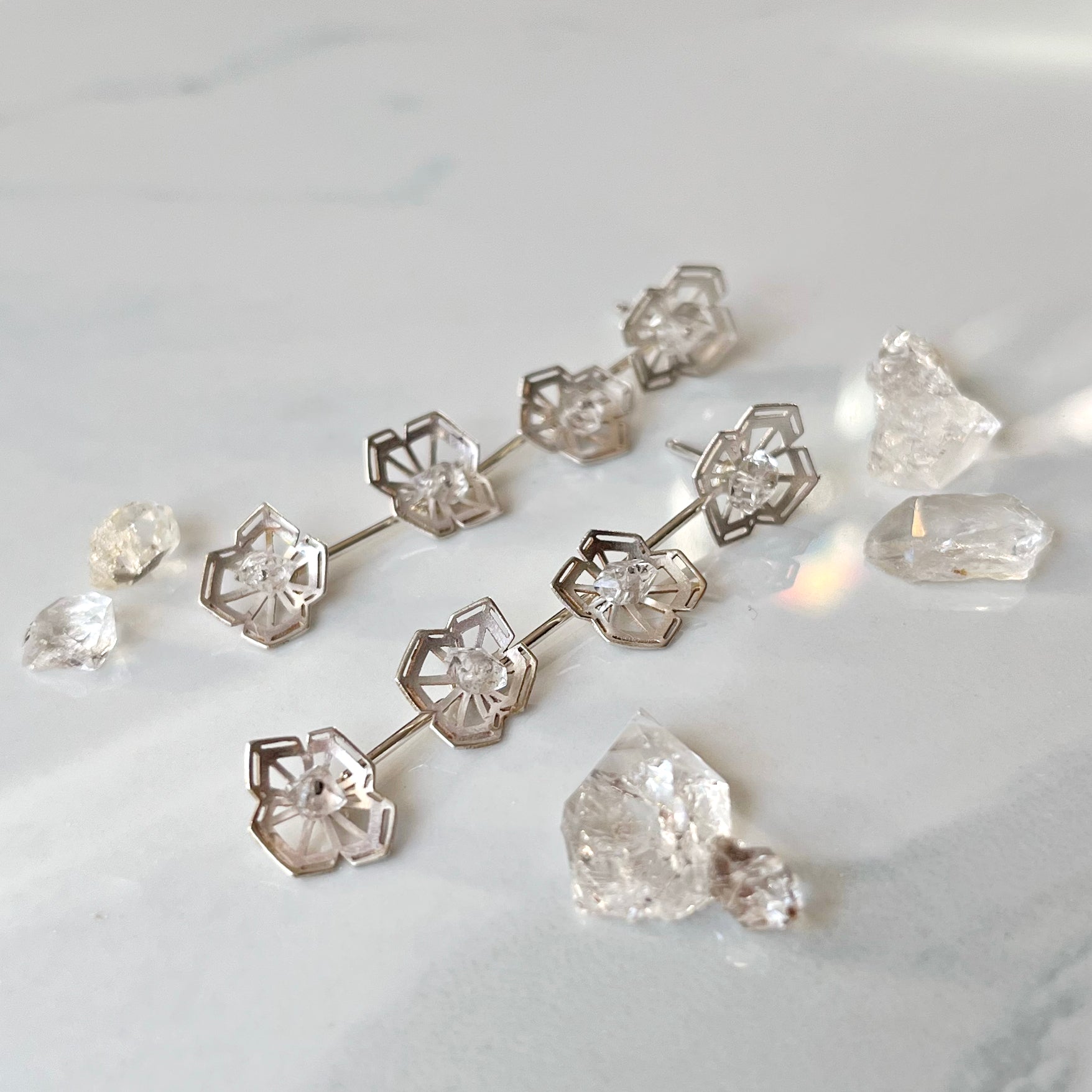 Winter Geometry Dangle Earrings, Satin Finished Sterling Silver Accented with Two Pointed Herkimer Diamond for everyday.