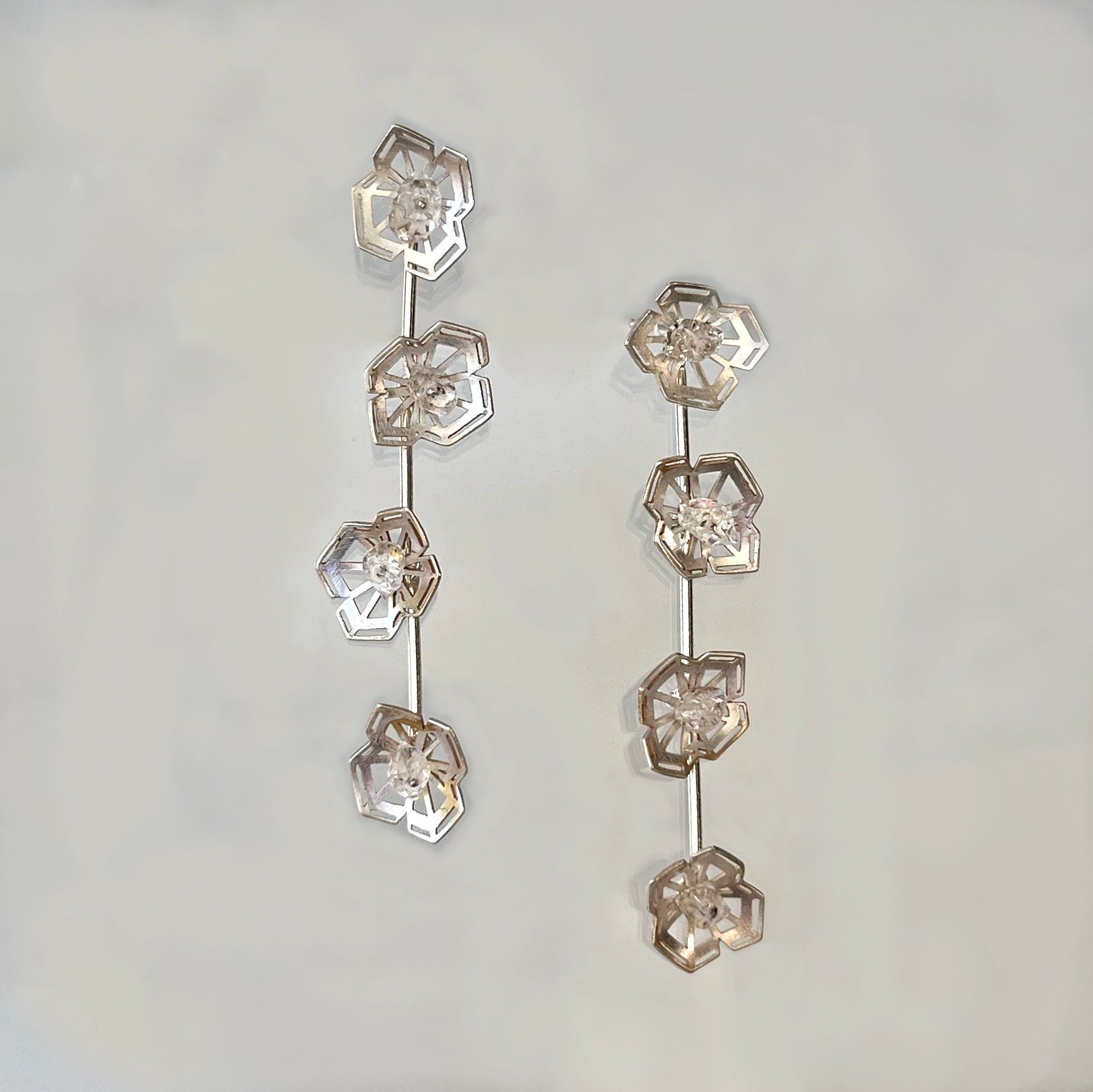 Winter Geometry Dangle Earrings, Satin Finished Sterling Silver Accented with Two Pointed Herkimer Diamond for everyday.