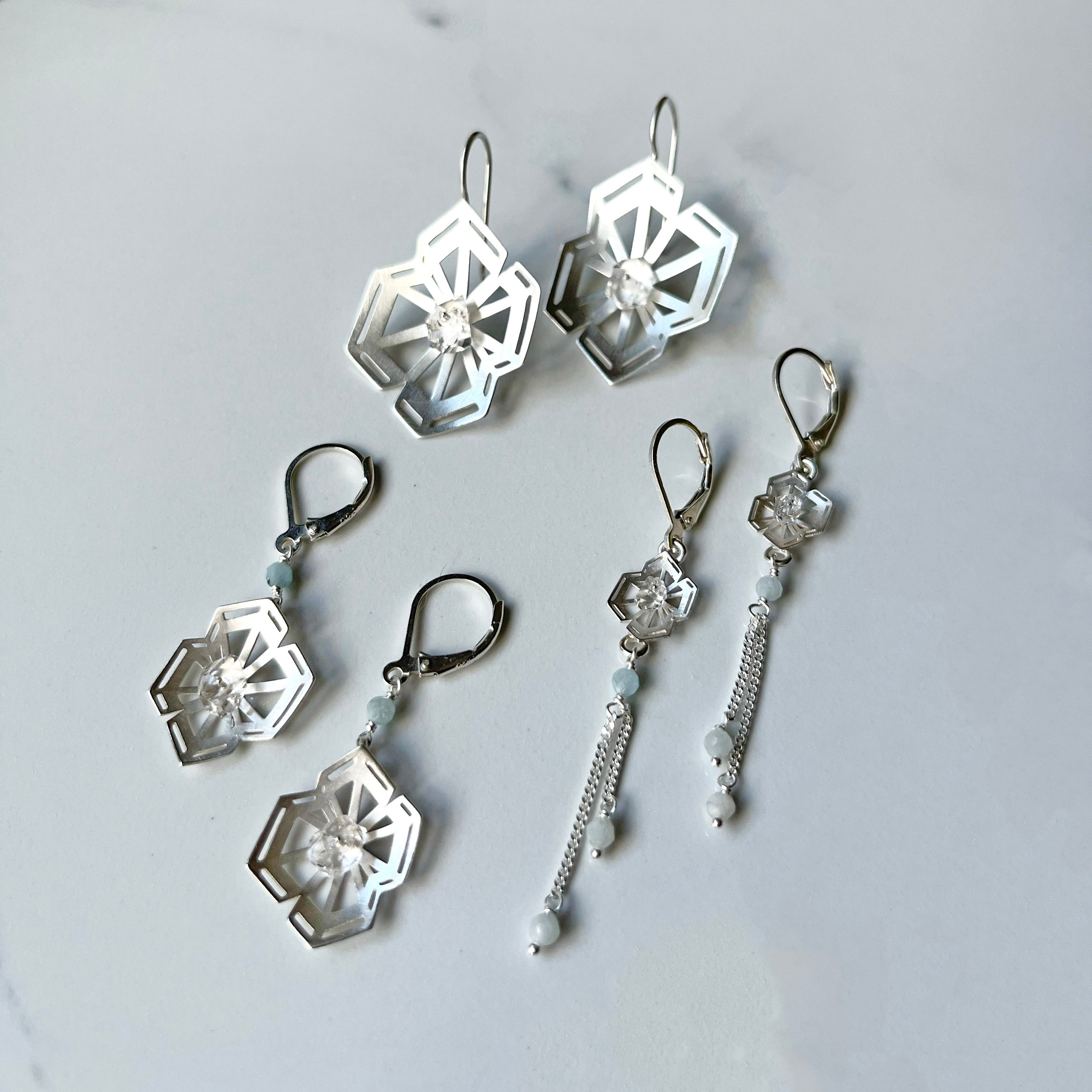 Winter Geometry Dangle Earrings, Satin Finished Sterling Silver Accented with Two Pointed Herkimer Diamond for everyday.